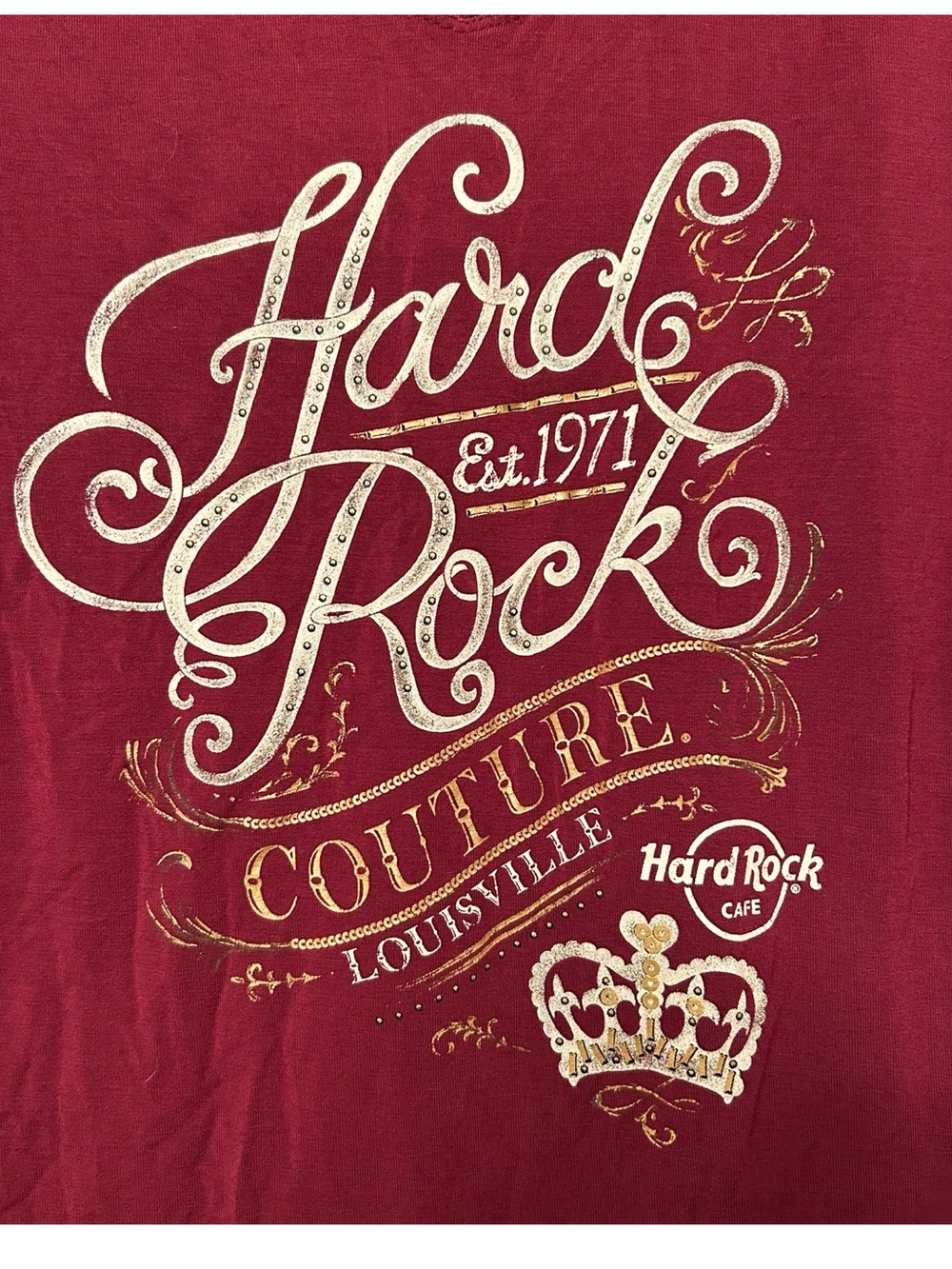 HARD ROCK CAFE Louisville Burgandy Red Graphic Tee Sz M Lattice Sleeve Y2K Rock - Picture 2 of 16